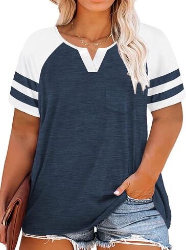 VISLILY Plus-Size Tops for Women Summer V Neck T Shirts Color Block Raglan Tees XL-4XL in Kuwait