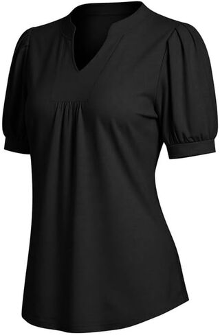 Womens Tops Puff Short Sleeve Shirts Dressy Casual Henley V-Neck Summer Tops Pleated Ladies Tunic Blouses 2026 in Kuwait