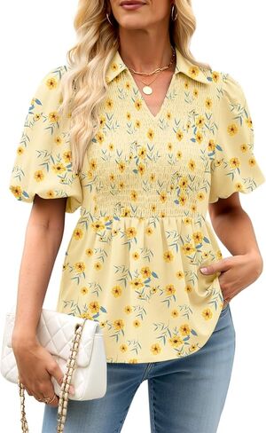 المرأة نفخة كم الأزهار بيبي دول قمم التلبيب الياقة الخامس الرقبة كشكش بيبلوم بلوزة سموكيد تونك الأعلى متأنق تي شيرت in Kuwait