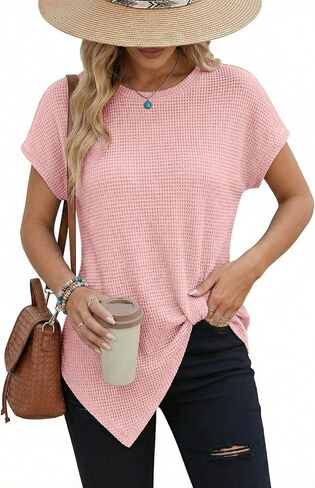 Dokotoo Womens Summer Tops 2026 Crewneck Waffle Knit Cap Sleeve Shirts Casual Loose Twist Knot Tunic Blouses in Saudi Arabia
