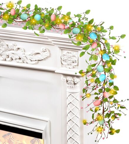 Sggvecsy 5.9FT Artificial Easter Egg Garland Eggs with Colorful Berries Greenery Leaves Rustic Easter Spring Garlands for Mantle Fireplace Home Table Holiday Indoor Decor in Saudi Arabia