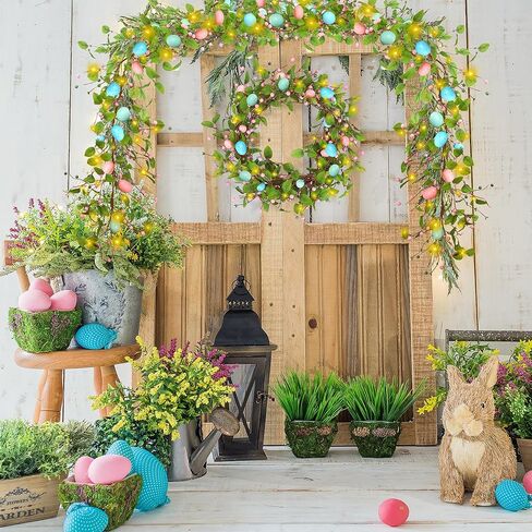 Sggvecsy 5.9FT Artificial Easter Egg Garland Eggs with Colorful Berries Greenery Leaves Rustic Easter Spring Garlands for Mantle Fireplace Home Table Holiday Indoor Decor in Saudi Arabia