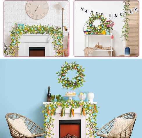 Sggvecsy 5.9FT Artificial Easter Egg Garland Eggs with Colorful Berries Greenery Leaves Rustic Easter Spring Garlands for Mantle Fireplace Home Table Holiday Indoor Decor in Saudi Arabia