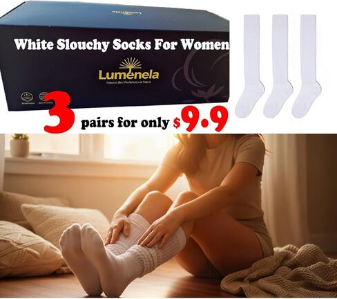 3 Pairs White Slouchy Socks For Women Size 5-11- White Long Sock- Calf Socks-Fashion Knee High Socks -for Boot Outdoor Sport- Non-rolling cuff in Saudi Arabia