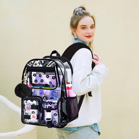 WZLVO Clear Bookbag for Girls, 17" Women Heavy Duty PVC Transparent Backpack, Cute Stadium Approved See Through School Bags for Elementary Preschool - Aesthetic Plum Blossom Black in Saudi Arabia