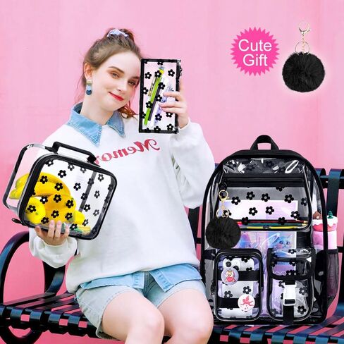 WZLVO Clear Bookbag for Girls, 17" Women Heavy Duty PVC Transparent Backpack, Cute Stadium Approved See Through School Bags for Elementary Preschool - Aesthetic Plum Blossom Black in Saudi Arabia