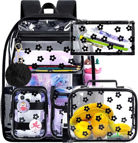 WZLVO Clear Bookbag for Girls, 17" Women Heavy Duty PVC Transparent Backpack, Cute Stadium Approved See Through School Bags for Elementary Preschool - Aesthetic Plum Blossom Black in Saudi Arabia