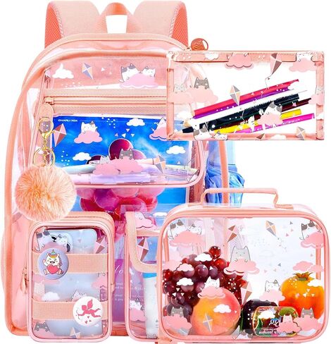 WZLVO Clear Bookbag for Girls, 17" Women Heavy Duty PVC Transparent Backpack, Cute Stadium Approved See Through School Bags for Elementary Preschool - Aesthetic Plum Blossom Black in Saudi Arabia