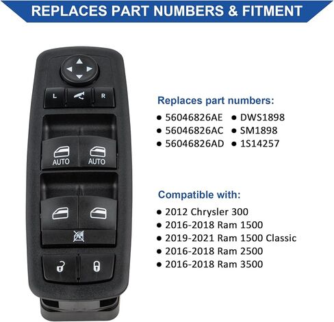 Obaee Power Window Switch Control Button Side Driver متوافق مع 2016-2018 Ram 1500 2500 3500، 2019-2021 Ram 1500 Classic، 2012 Chrysler 300، يستبدل 56046826AC، 56046826AD، 56046826AE in Saudi Arabia