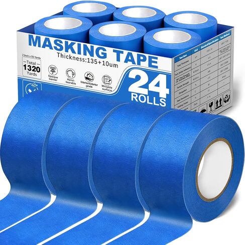 شريط إخفاء الرسامين Aheroi، 24 لفة شريط طلاء أزرق بالجملة 120 درجة مئوية شريط إخفاء السيارات (1320yd=24 * 1in*55yd)، شريط رسام متعدد الأغراض لفنون الجدران التي تصنعها بنفسك، لا يوجد بقايا سهلة الإزالة in Kuwait