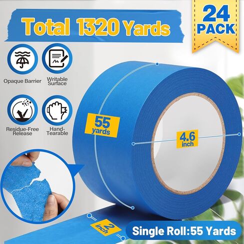 شريط إخفاء الرسامين Aheroi، 24 لفة شريط طلاء أزرق بالجملة 120 درجة مئوية شريط إخفاء السيارات (1320yd=24 * 1in*55yd)، شريط رسام متعدد الأغراض لفنون الجدران التي تصنعها بنفسك، لا يوجد بقايا سهلة الإزالة in Kuwait
