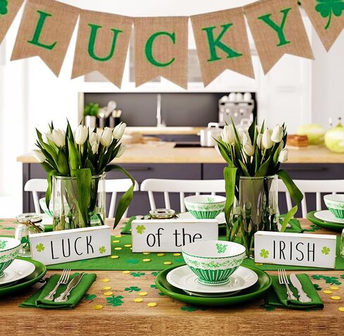 St. Patrick’s Day Wooden Tabletop Decor – Luck of the Irish Rustic Farmhouse Shamrock Block Sign for Shelf, Mantel, Tiered Tray & Entryway Display in Saudi Arabia