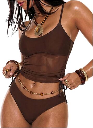 Verdusa Women's 2 Piece Mesh Tankini Swimsuit Drawstring Crop Camisole Tops with Panty Vacation Outfits in Saudi Arabia