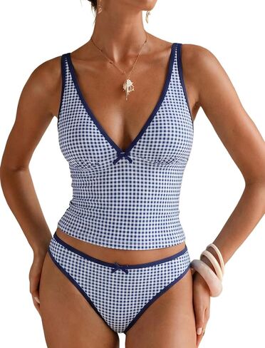 ZAFUL Tankini Swimsuits for Women V Neck Two Piece Bathing Suit Tummy Control Bowknot Color Block Swimsuit in Saudi Arabia