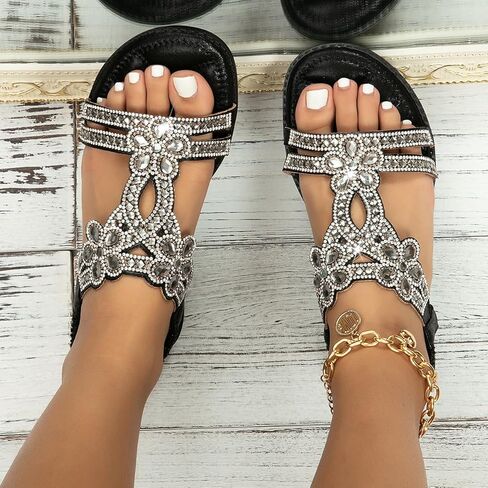 Womens Flats Sandals Dressy Summer Slip on Beach Shoes Bohemian Rhinestone Ankle Strap Non-Slip Walking Shoes in Saudi Arabia