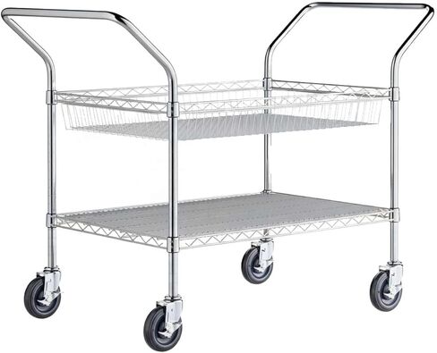 24" x 58" x 36" Commercial NSF Chrome One Shelf and One Basket Utility Cart - Heavy Duty Wire Rolling Metal Cart with Handles, Mobile Storage Cart for Warehouse, Office, Retail, Kitchen Use in Kuwait
