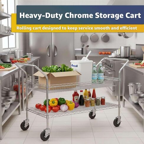 24" x 58" x 36" Commercial NSF Chrome One Shelf and One Basket Utility Cart - Heavy Duty Wire Rolling Metal Cart with Handles, Mobile Storage Cart for Warehouse, Office, Retail, Kitchen Use in Kuwait