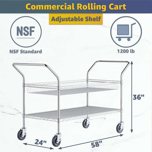24" x 58" x 36" Commercial NSF Chrome One Shelf and One Basket Utility Cart - Heavy Duty Wire Rolling Metal Cart with Handles, Mobile Storage Cart for Warehouse, Office, Retail, Kitchen Use in Kuwait