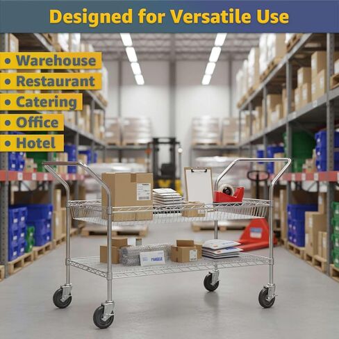 24" x 58" x 36" Commercial NSF Chrome One Shelf and One Basket Utility Cart - Heavy Duty Wire Rolling Metal Cart with Handles, Mobile Storage Cart for Warehouse, Office, Retail, Kitchen Use in Kuwait