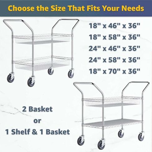 24" x 58" x 36" Commercial NSF Chrome One Shelf and One Basket Utility Cart - Heavy Duty Wire Rolling Metal Cart with Handles, Mobile Storage Cart for Warehouse, Office, Retail, Kitchen Use in Kuwait