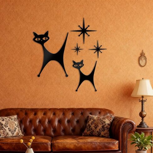 Bnesi 5 Piece Metal Mid Century Modern Atomic Cat Wall Decor Vintage Black Cartoon Atomic Cat and Atomic Stars Art Decor for Living Room Bedroom Home Bathroom Lovers Gifts (Abstract, Medium) in Saudi Arabia