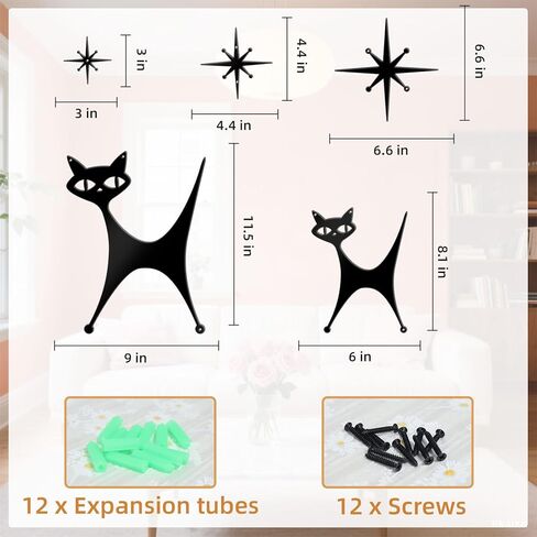 Bnesi 5 Piece Metal Mid Century Modern Atomic Cat Wall Decor Vintage Black Cartoon Atomic Cat and Atomic Stars Art Decor for Living Room Bedroom Home Bathroom Lovers Gifts (Abstract, Medium) in Saudi Arabia