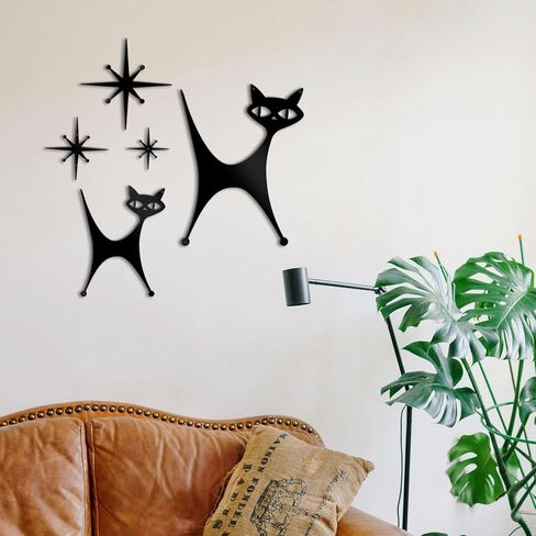Bnesi 5 Piece Metal Mid Century Modern Atomic Cat Wall Decor Vintage Black Cartoon Atomic Cat and Atomic Stars Art Decor for Living Room Bedroom Home Bathroom Lovers Gifts (Abstract, Medium) in Saudi Arabia
