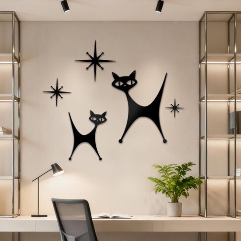 Bnesi 5 Piece Metal Mid Century Modern Atomic Cat Wall Decor Vintage Black Cartoon Atomic Cat and Atomic Stars Art Decor for Living Room Bedroom Home Bathroom Lovers Gifts (Abstract, Medium) in Saudi Arabia