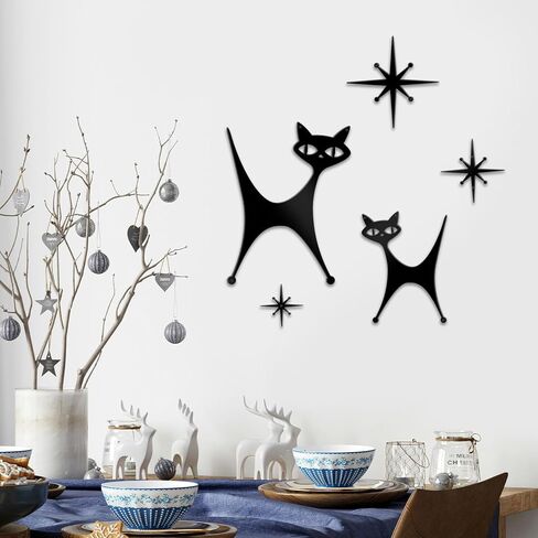 Bnesi 5 Piece Metal Mid Century Modern Atomic Cat Wall Decor Vintage Black Cartoon Atomic Cat and Atomic Stars Art Decor for Living Room Bedroom Home Bathroom Lovers Gifts (Abstract, Medium) in Saudi Arabia