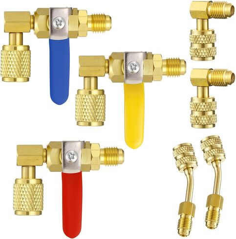 Mudder 7 Pcs Air Conditioning Refrigerant Compact Ball Valve 1/4 Inch for R410A R134A R12 R22 HVAC Adapter 5/16Inch Female to 1/4Inch Male Flare (3 Angle Ball Valve, 4 Straight Adapter) in Saudi Arabia