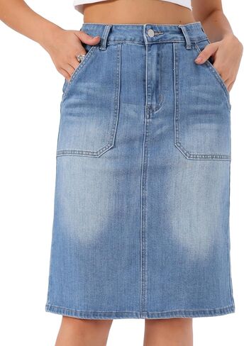 تنورة أليجرا K من الدينيم للنساء كاجوال بخصر عالٍ وجيوب بفتحة خلفية وطول الركبة وتنورة جينز مطاطية in Kuwait