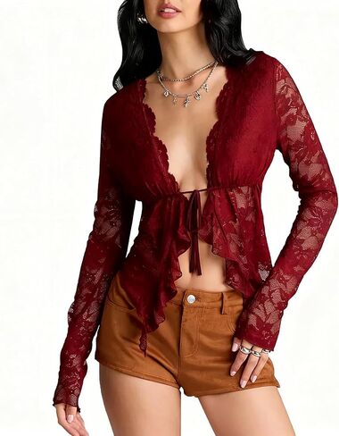Women Sexy Open Front Lace Shirt Solid Y2k Long Sleeve Tie Up Sheer Mesh Blouse V Neck Asymmertrical Ruffle Hem Top in Kuwait
