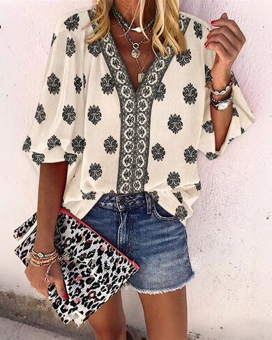 Womens V-Neck Baroque Print Shirt Lantern Sleeve Embroidered Loose Fit Boho Blouse for Casual Outings in Saudi Arabia