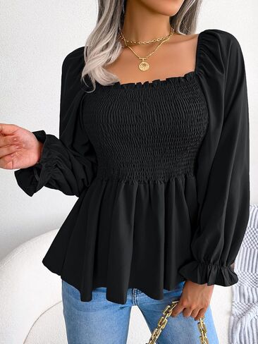 Women's Casual Smocked Shirred Blouse Dressy Long Sleeve Ruched Ruffle Hem Tunic Blouse Going Out Tops in Saudi Arabia