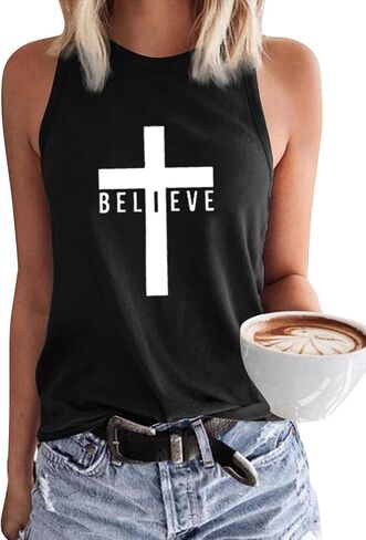 قمصان Believe Cross النسائية بلا أكمام، تي شيرتات مسيحية in Kuwait