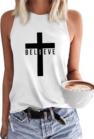 قمصان Believe Cross النسائية بلا أكمام، تي شيرتات مسيحية in Kuwait