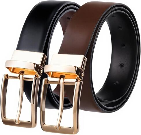 Men's Reversible Leather Belt, Gold Buckle Black Dress Belts for Men Fit Waist 28"-42" in Saudi Arabia