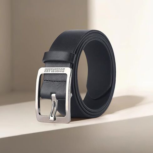 Men's Leather Belt with Classic Metal Buckle | Vintage Casual & Dress Waist Belt for Jeans | Gift for Men(Black with Silver Buckle) in Saudi Arabia