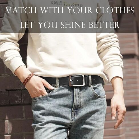 Men's Leather Belt with Classic Metal Buckle | Vintage Casual & Dress Waist Belt for Jeans | Gift for Men(Black with Silver Buckle) in Saudi Arabia