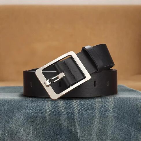 Men's Leather Belt with Classic Metal Buckle | Vintage Casual & Dress Waist Belt for Jeans | Gift for Men(Black with Silver Buckle) in Saudi Arabia
