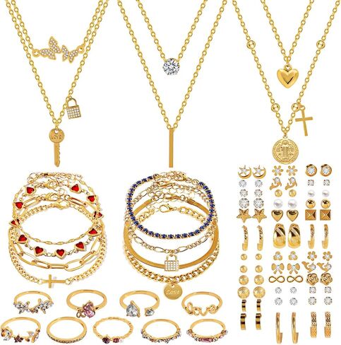 KOSMOS-LI Elegant Gold-Plated Fashion Jewelry Set Stocking Stuffers,3 Layered Necklaces with Butterfly Crystal Pendant, Heart Charm Bracelets, 36 Pairs Stud Earrings in Kuwait