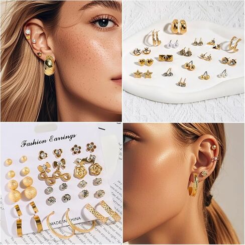 KOSMOS-LI Elegant Gold-Plated Fashion Jewelry Set Stocking Stuffers,3 Layered Necklaces with Butterfly Crystal Pendant, Heart Charm Bracelets, 36 Pairs Stud Earrings in Kuwait