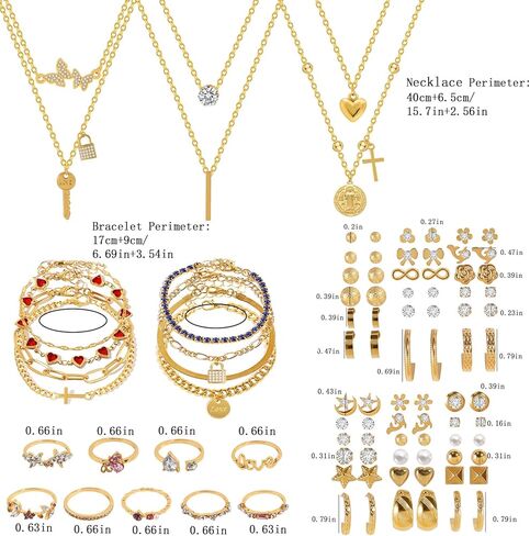 KOSMOS-LI Elegant Gold-Plated Fashion Jewelry Set Stocking Stuffers,3 Layered Necklaces with Butterfly Crystal Pendant, Heart Charm Bracelets, 36 Pairs Stud Earrings in Kuwait