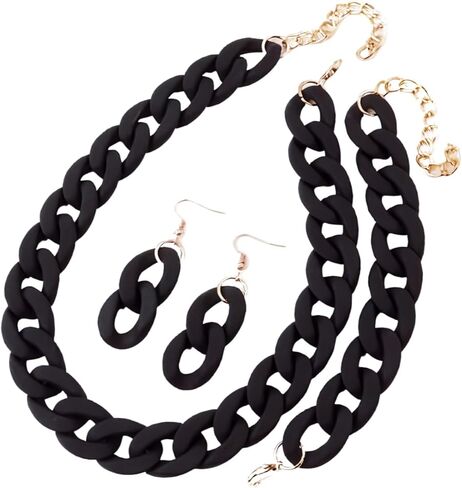 Fuqimanman2020 3 PCS Macaron Chunky Jewelry Set Acrylic Exaggerate Necklace Bracelet Geometric Statement Earring Cuban Link Chain Collar Necklace 80S Costume Party Jewelry in Saudi Arabia