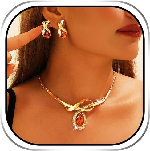 JAKAWIN Gold Necklace and Earring Set Red Crystal Teardrop Wedding Jewelry for Women in Saudi Arabia