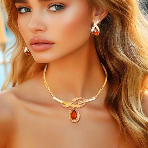 JAKAWIN Gold Necklace and Earring Set Red Crystal Teardrop Wedding Jewelry for Women in Saudi Arabia