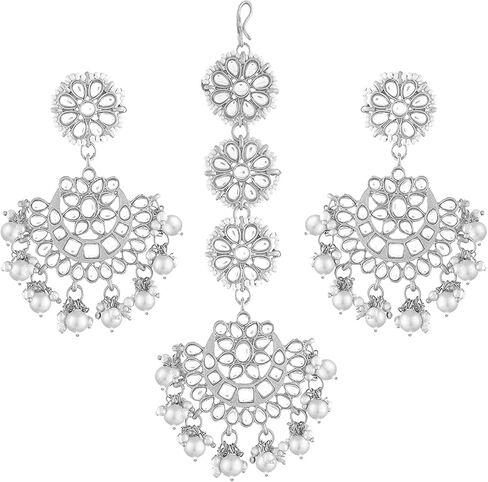 Aheli Ethnic Faux Kundan Drop Pearl Beads Dangle Earrings Maang Tikka Set Bollyood Wedding Bharatanatyam jewellery set Gift for Women in Saudi Arabia