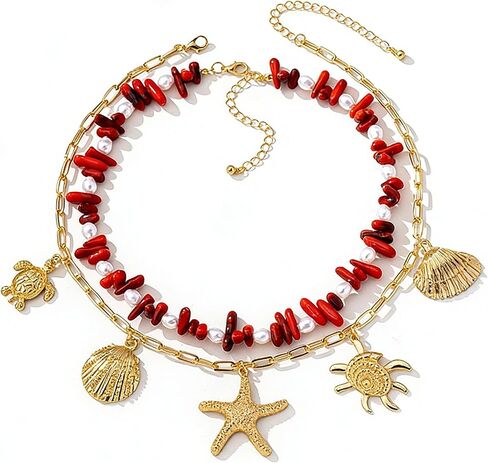 Red Coral starfish Choker Necklace for Women Dainty Red Acrylic Irregular Bead Ocean Pendant Necklace Valentine's Day Statement Jewelry Accessories for Women in Saudi Arabia