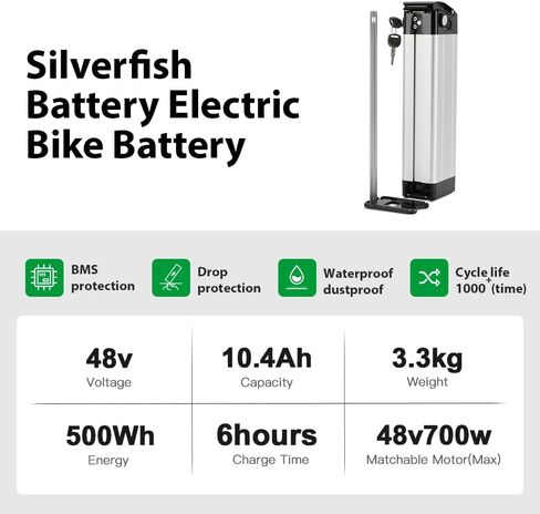 Yose Power 48V 10.4Ah Ebike Battery Sliver Fish Battery with USB Port Electric Bike for 250W/350W/500W Motor Electric Bicycle Seat Tube with Safe Lock Led Indicator Light 2 Pins Discharging Port in Kuwait