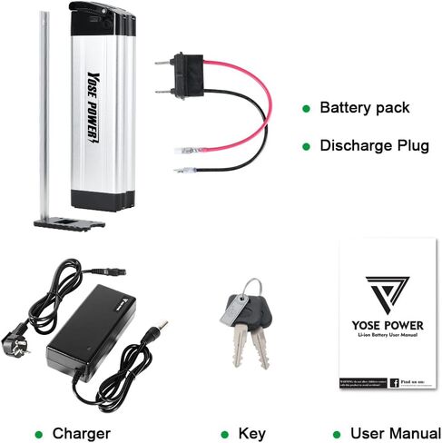 Yose Power 48V 10.4Ah Ebike Battery Sliver Fish Battery with USB Port Electric Bike for 250W/350W/500W Motor Electric Bicycle Seat Tube with Safe Lock Led Indicator Light 2 Pins Discharging Port in Kuwait